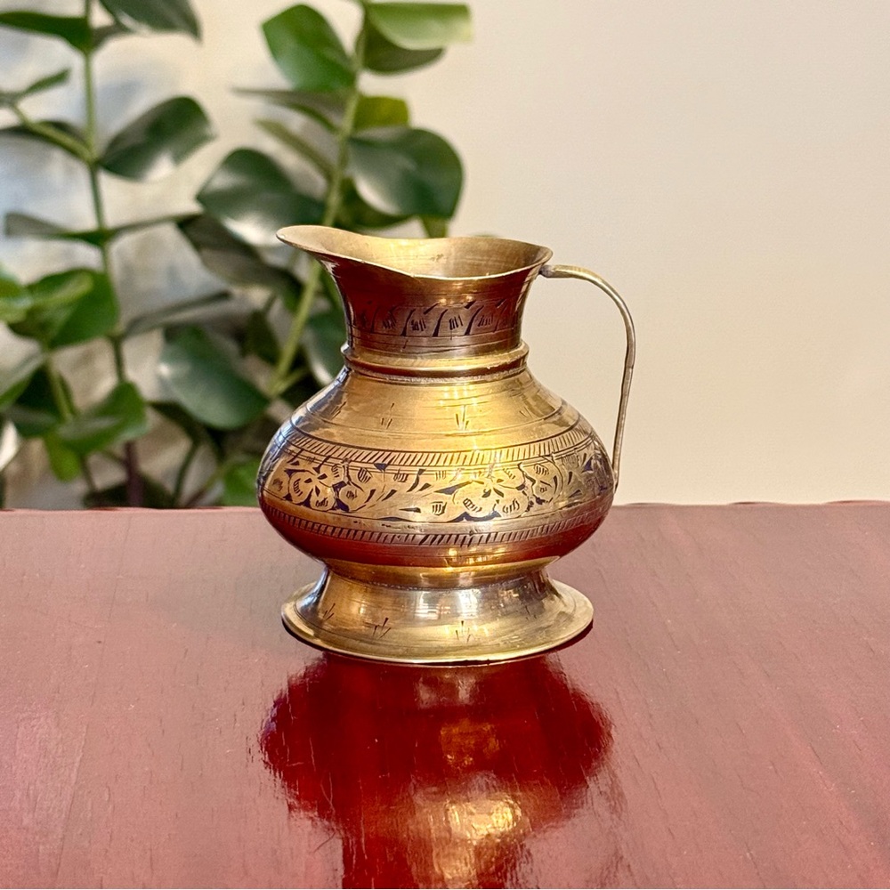 Vintage Floral Engraved Brass Squat Pitcher Ewer Vase
